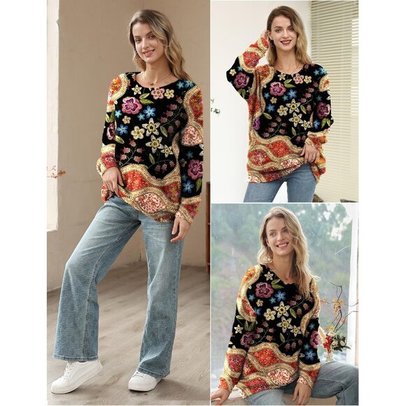 Women Christmas Sweater Graphic Print Oversized Pullover Floral 174 Loose Top - Picture 4 of 4